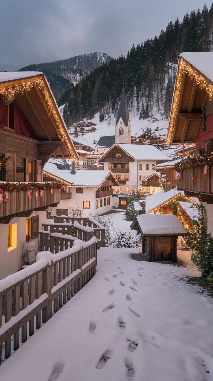 A picturesque winter village in Austria with cozy cabins, snow-covered landscapes, and festive decorations.