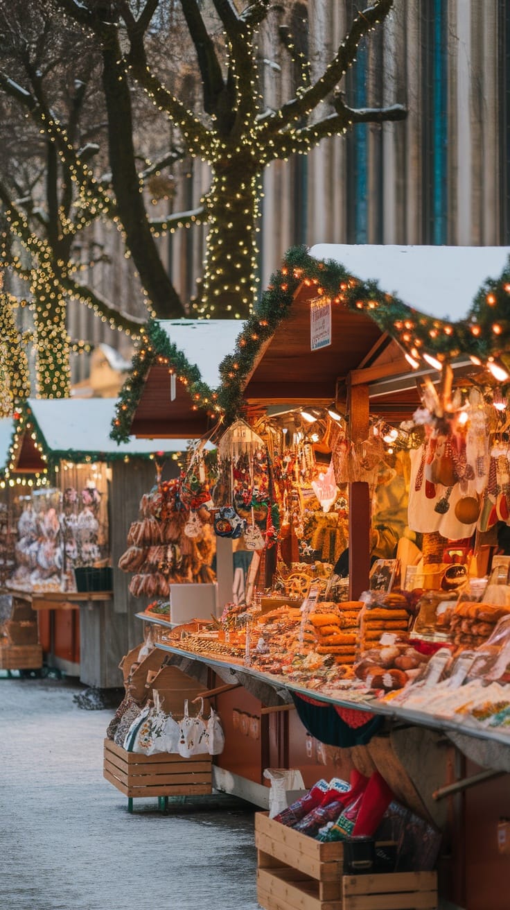 Festive Christmas market in Germany with stalls decorated with lights and holiday goods.