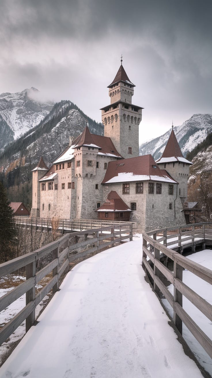 A fairy tale castle in a snowy landscape surrounded by mountains, showcasing intricate architecture and a wooden pathway.