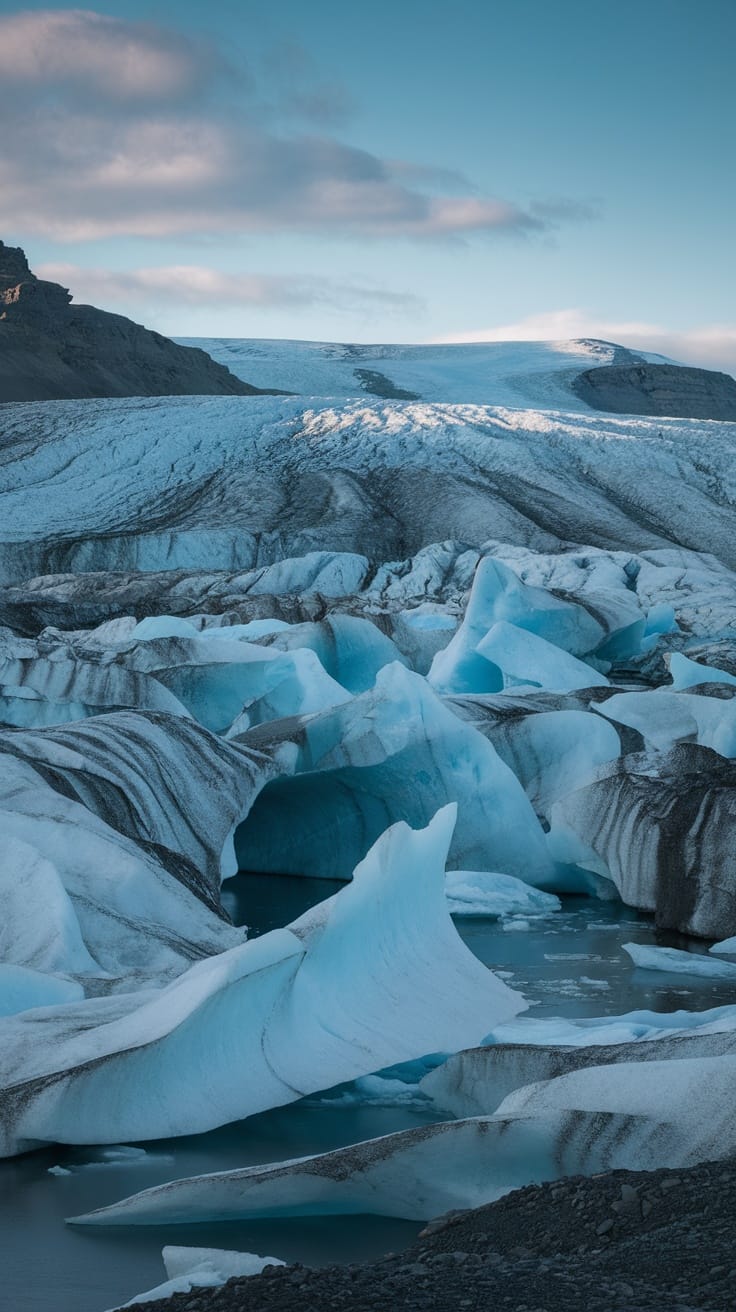 A beautiful glacial landscape in Iceland featuring icy formations and blue hues under a clear sky.