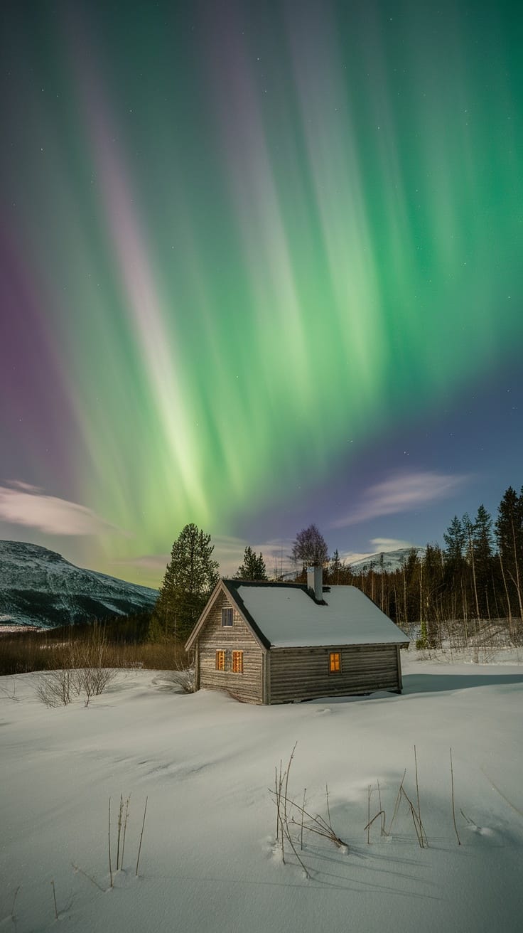 A cozy cabin in snowy landscapes under the Northern Lights in Norway.