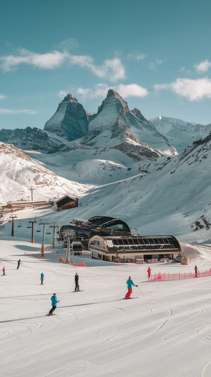 Skiers on the slopes of the Swiss Alps with snowy peaks in the background.