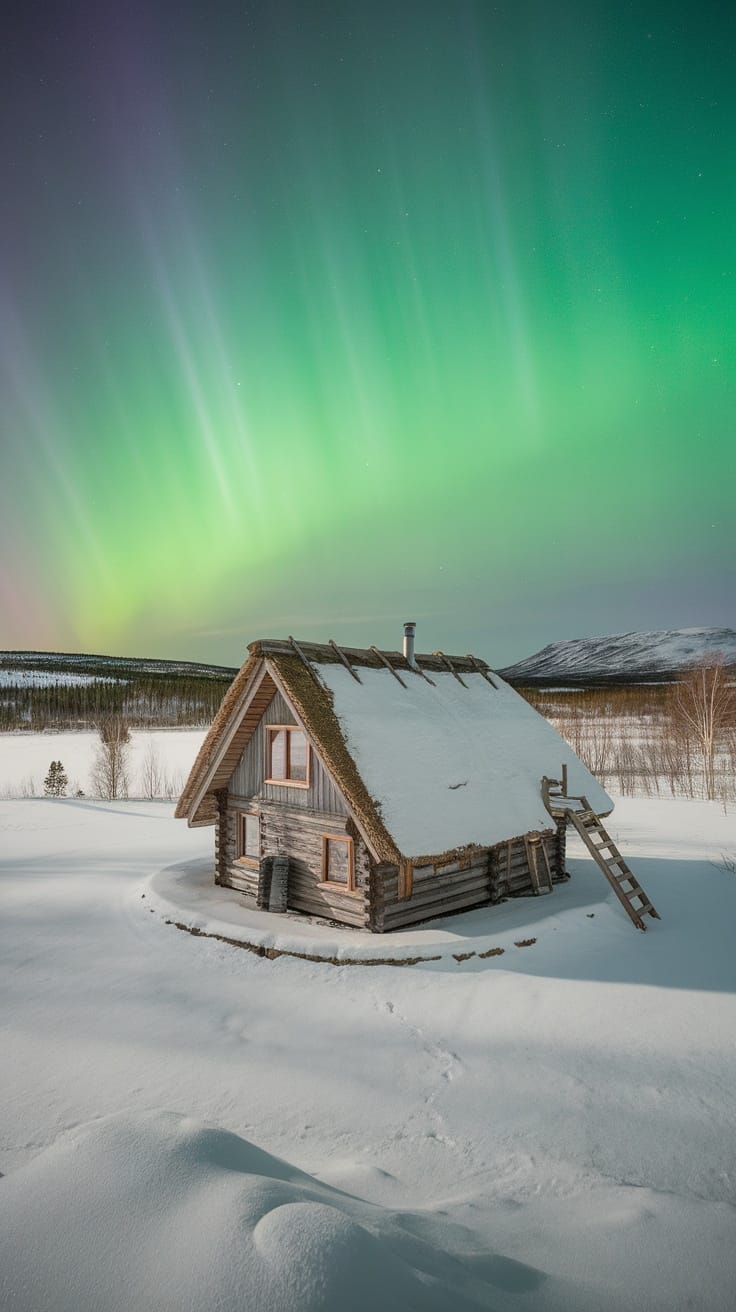 A snow-covered cabin under the Northern Lights in Lapland