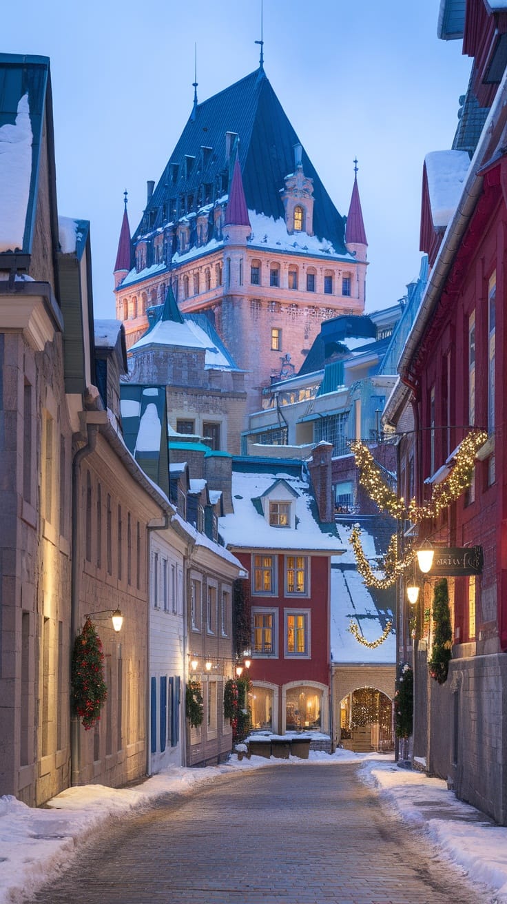 A quiet snowy street in Quebec City with colorful buildings and the Château Frontenac in the background.