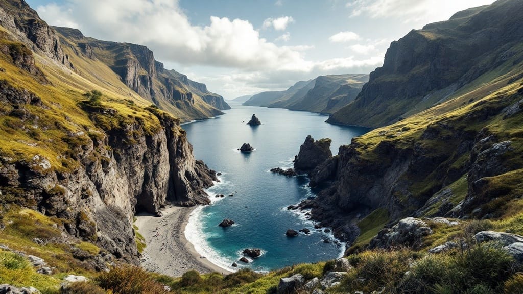 A scenic view of Furore Fjord with steep cliffs and a hidden beach
