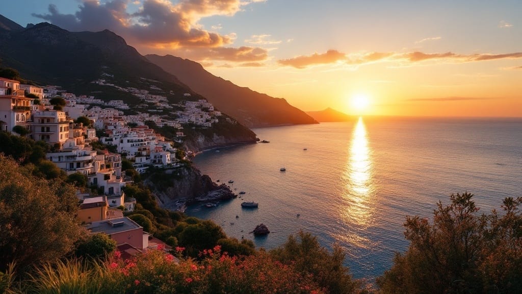 Sunset over the sea in Praiano showing colorful skies and coastal houses