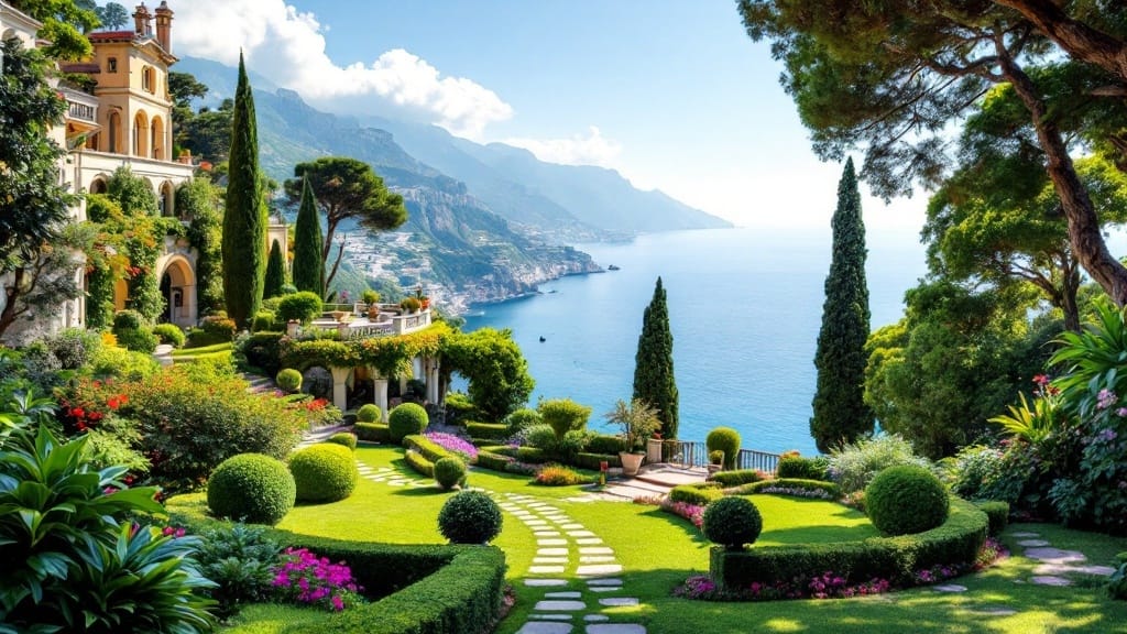 A view of Ravello's Villa Cimbrone Gardens overlooking the Amalfi Coast