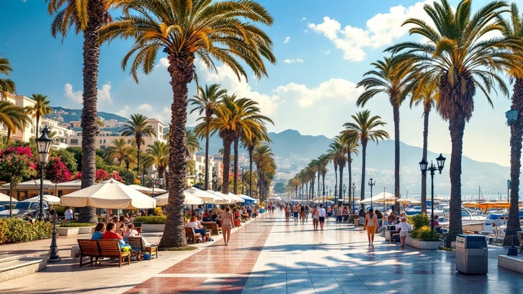 A sunny day at Salerno's coastal promenade, featuring palm trees, benches, and people enjoying the beautiful views of the Amalfi Coast.